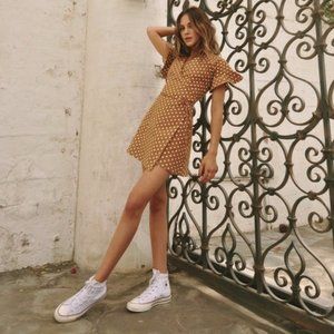 NEW LeRumi x Revolve Polka Dot Sonia Wrap Mini Dress XS Brown